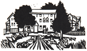 Woodcut depicting cooperative living housing